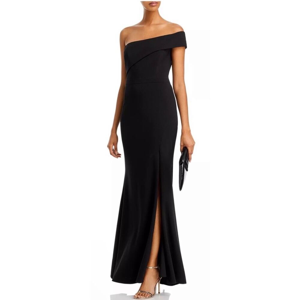 Aqua Scuba Crepe Off Shoulder Gown Size 2 in Black Side Slit Back Zip NEW